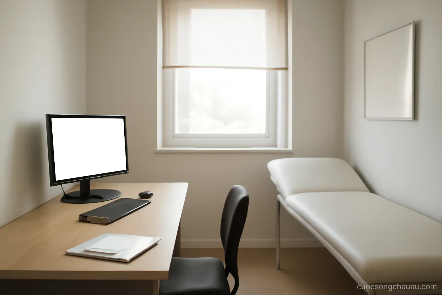 a small consulting room with a desk, an examination bed and a window with the blind half down