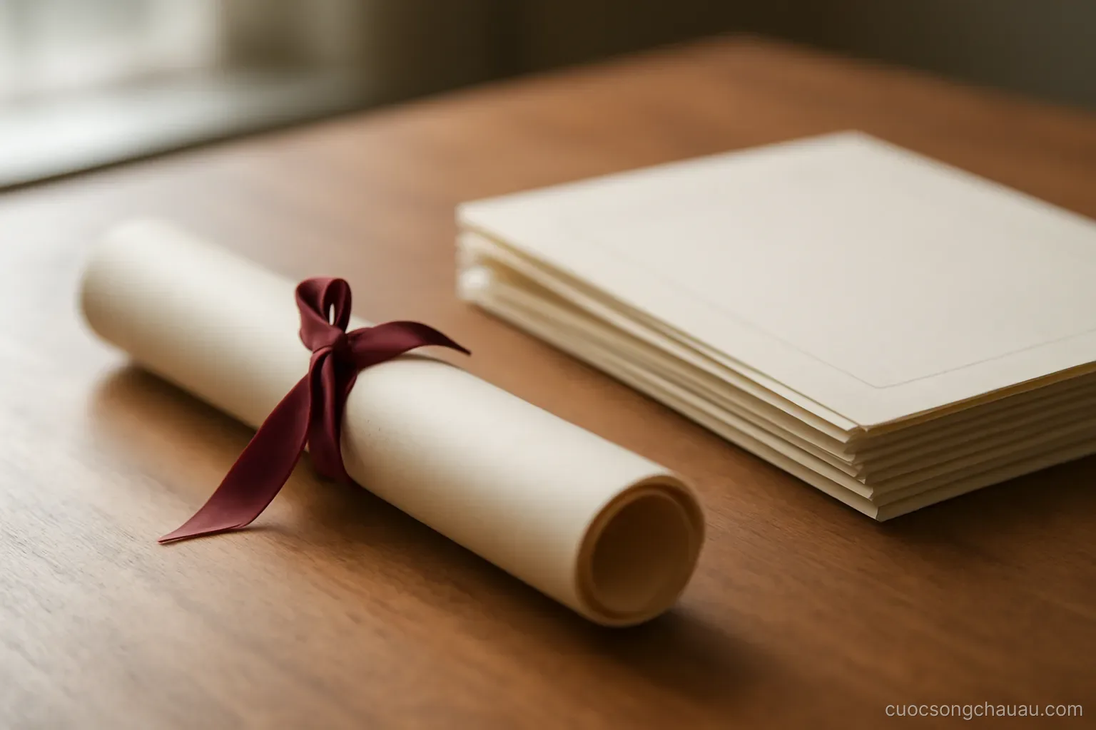 a rolled diploma tied with a ribbon lying beside a stack of stamped papers on a desk