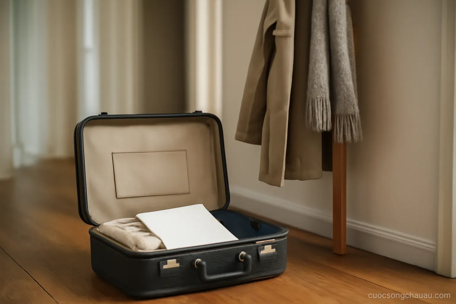 a suitcase left open in a hallway beside a coat rack holding both a raincoat and a scarf