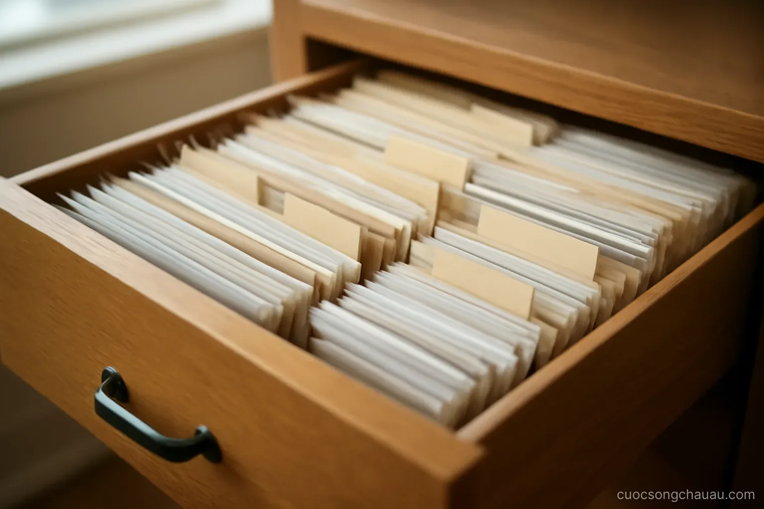 a desk drawer pulled open showing labeled dividers separating stacks of documents