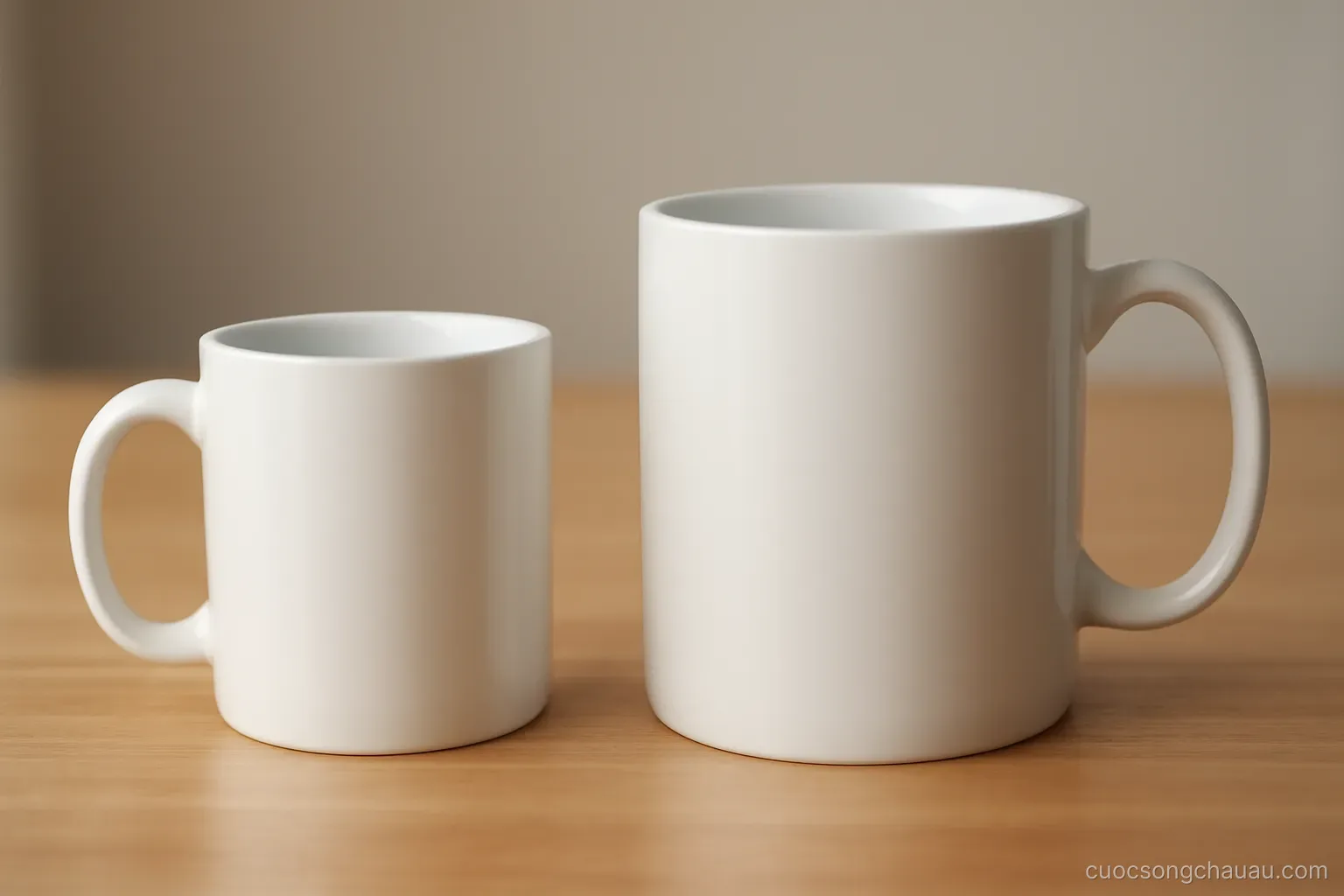 two identical mugs of different sizes placed side by side on a plain wooden table