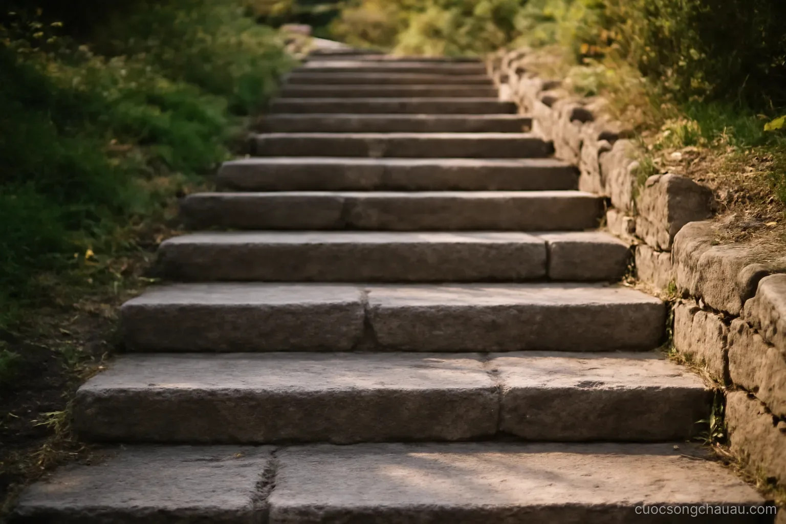 a stone staircase outdoors with each step slightly wider than the one below it