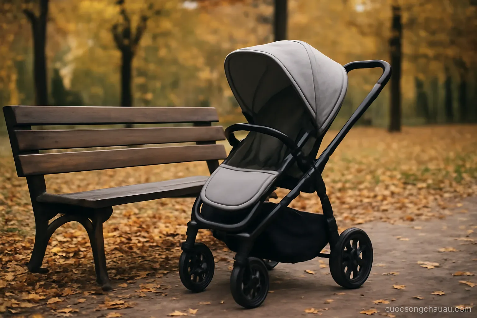 a stroller parked beside a bench in a small park with autumn leaves on the ground