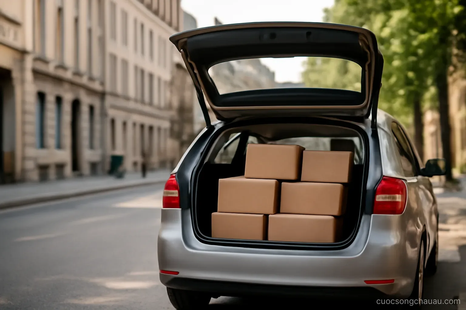 a car with its trunk open loaded with boxes parked on a quiet street lined with tall houses