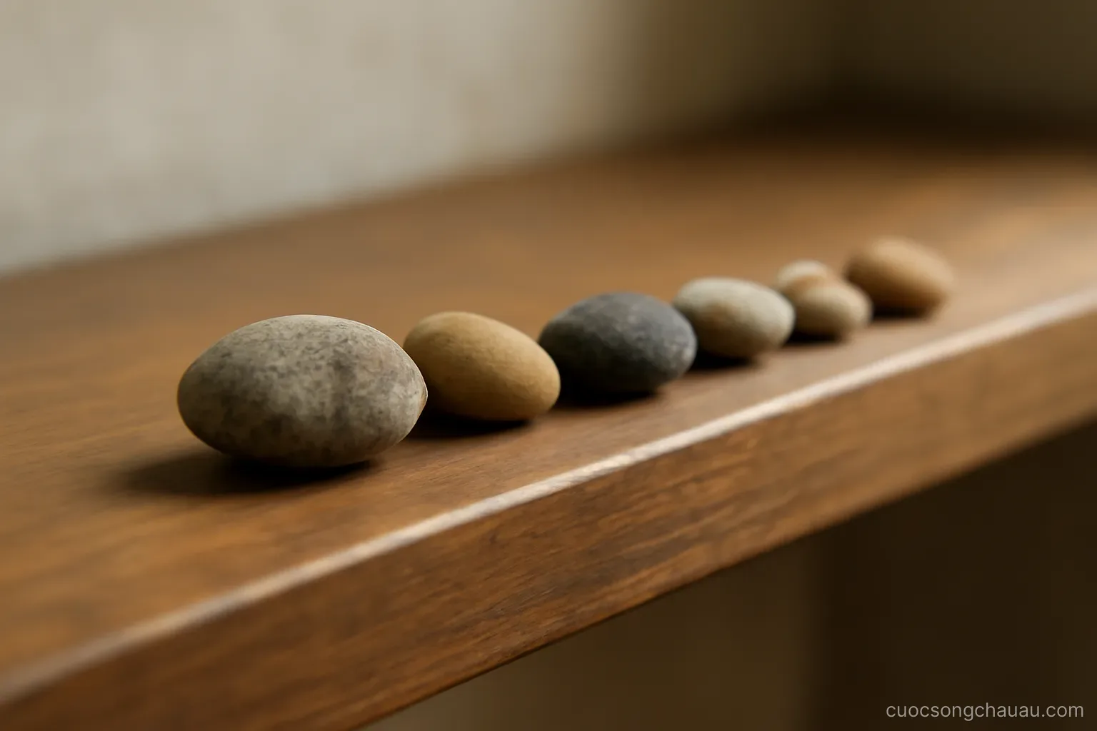 several small stones of different sizes lined up end to end along the edge of a wooden shelf
