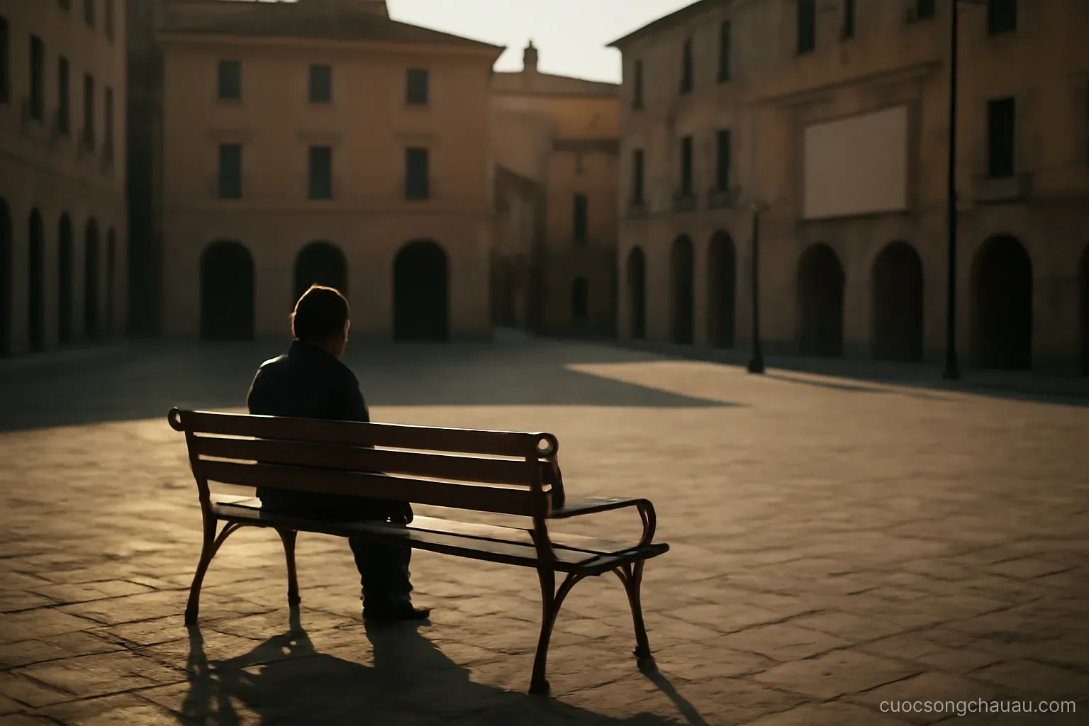 a person sitting alone on a bench in a quiet european square in late afternoon light