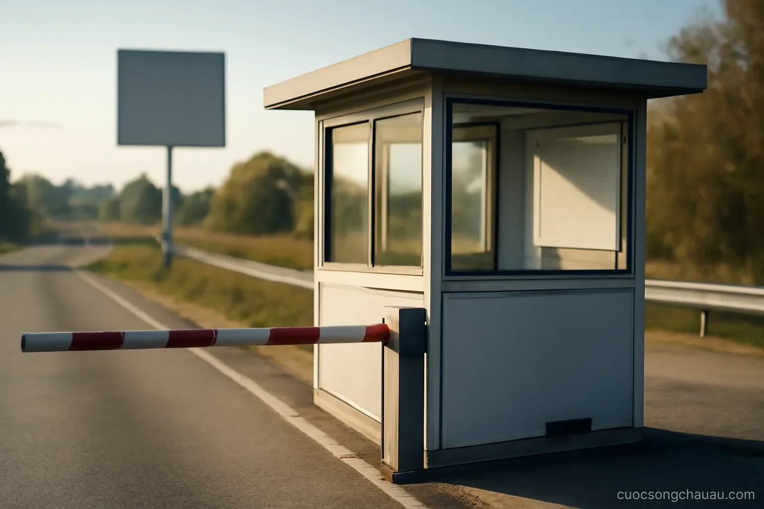 an empty border crossing booth beside a road with the barrier raised and no one on duty