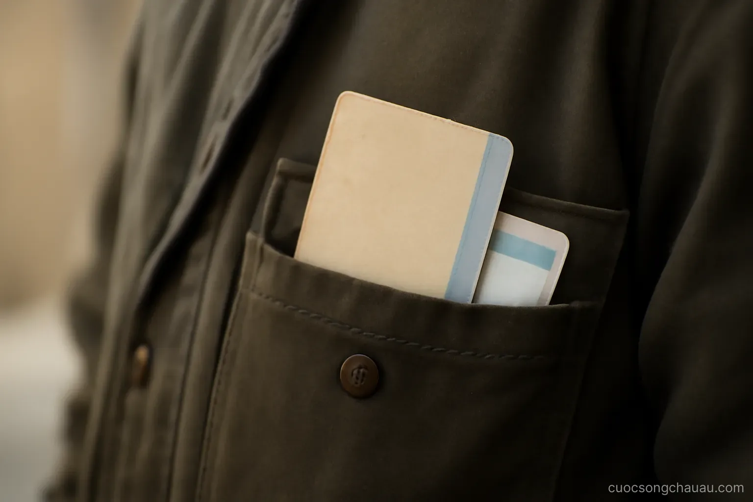 a jacket pocket with the corner of a residence card visible beside a train ticket stub