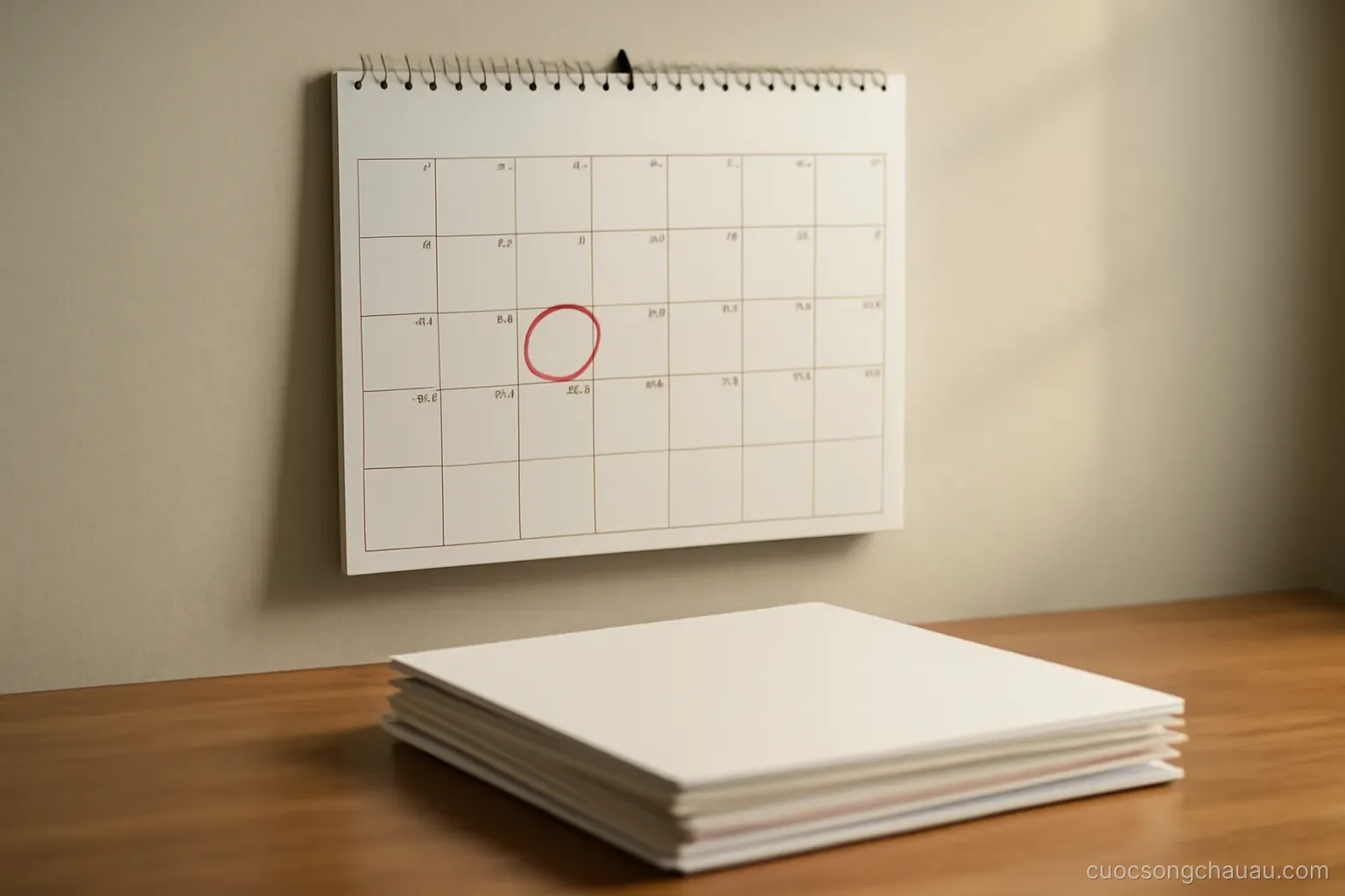 a wall calendar with one date circled and a stack of papers placed beneath it on a desk