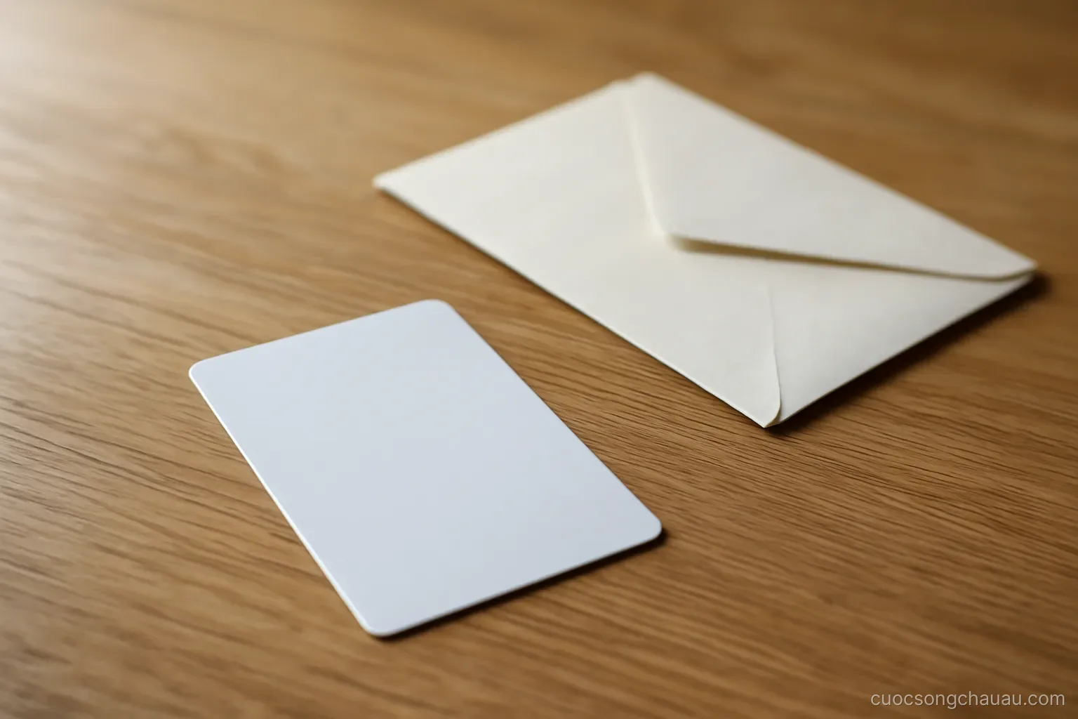 a plastic residence card lying face down on a wooden table beside a folded letter