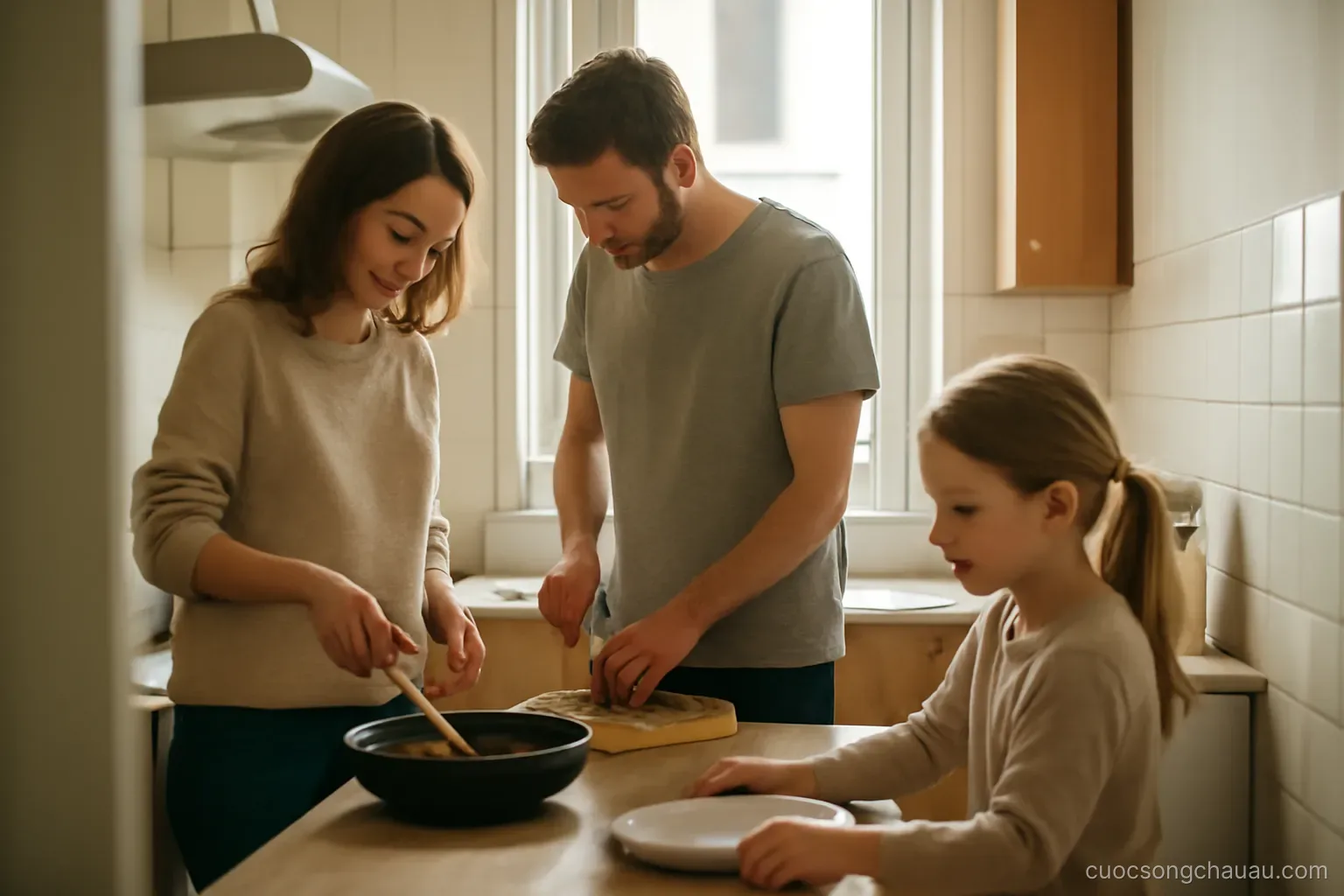 a family cooking together in a small kitchen, a child setting the table beside them