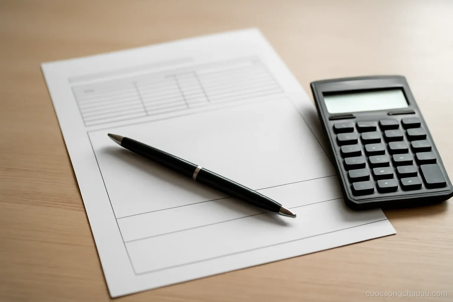 a printed payslip lying on a desk with a pen resting across it and a calculator nearby