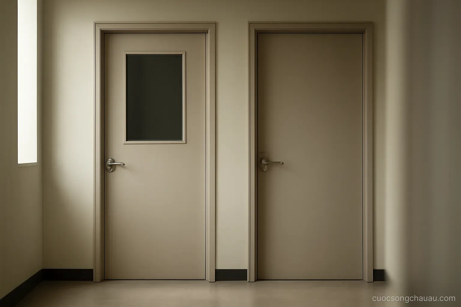 two doors side by side in a corridor, one with a small window and one solid, both closed