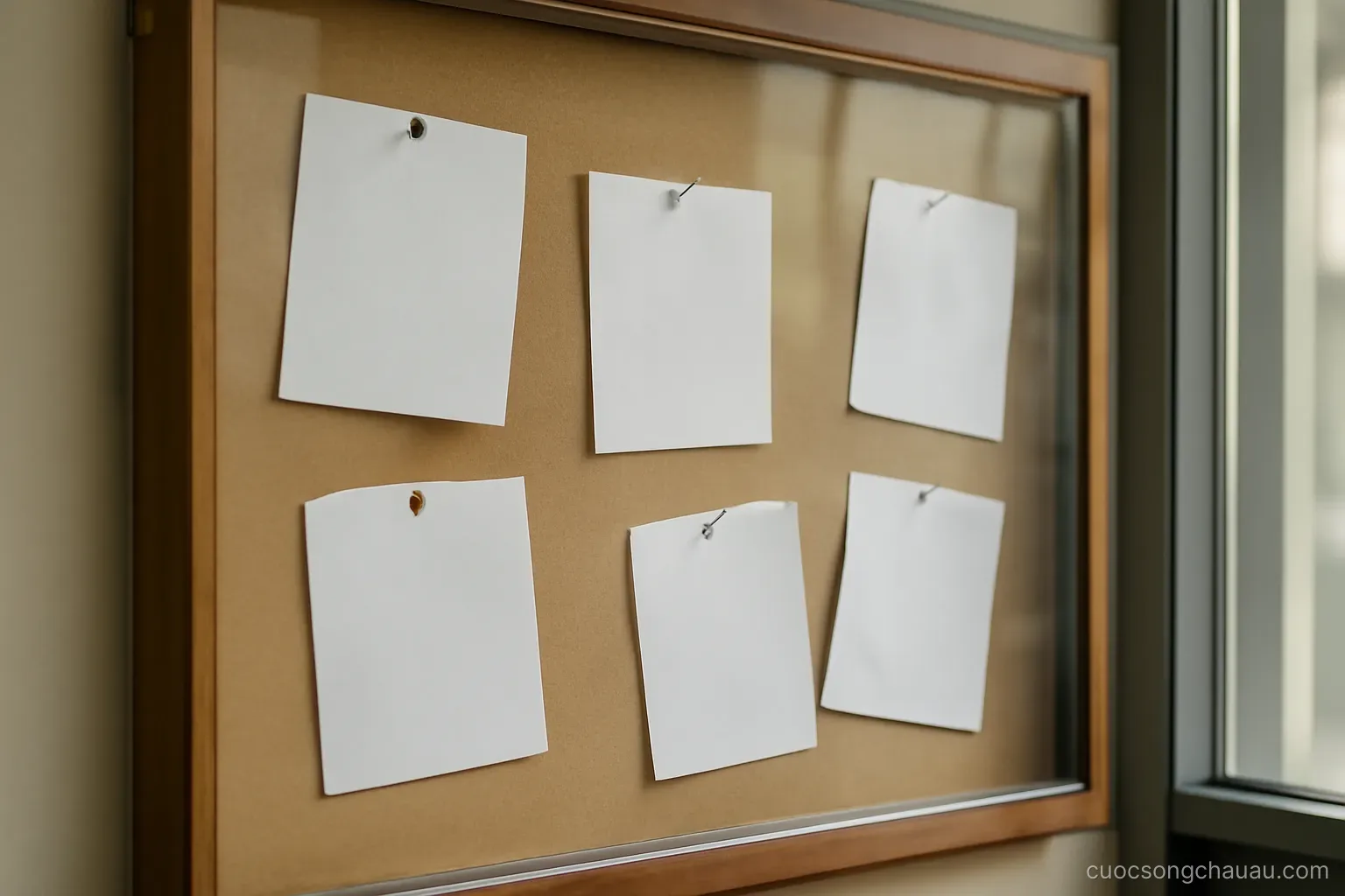 a school noticeboard with several blank sheets pinned at different angles under glass