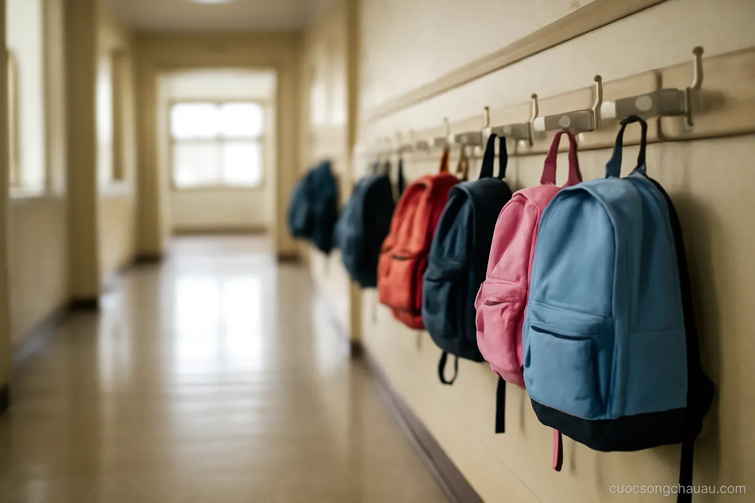 a school hallway lined with coat hooks and small backpacks hanging in a row