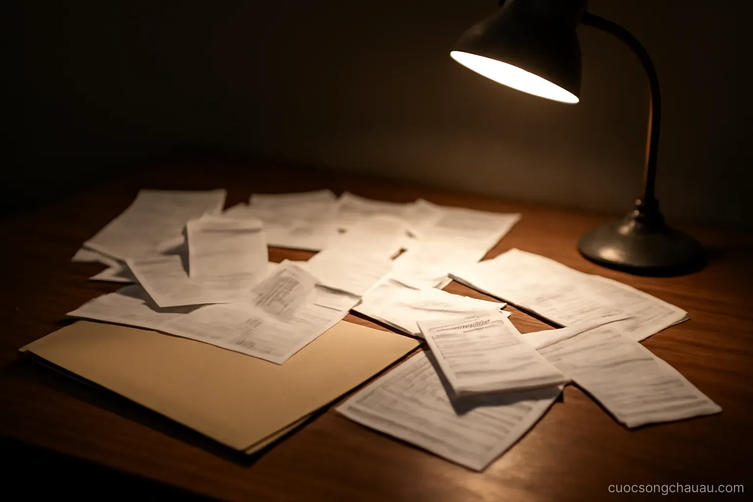 a folder of receipts and statements spread across a table under a desk lamp at night