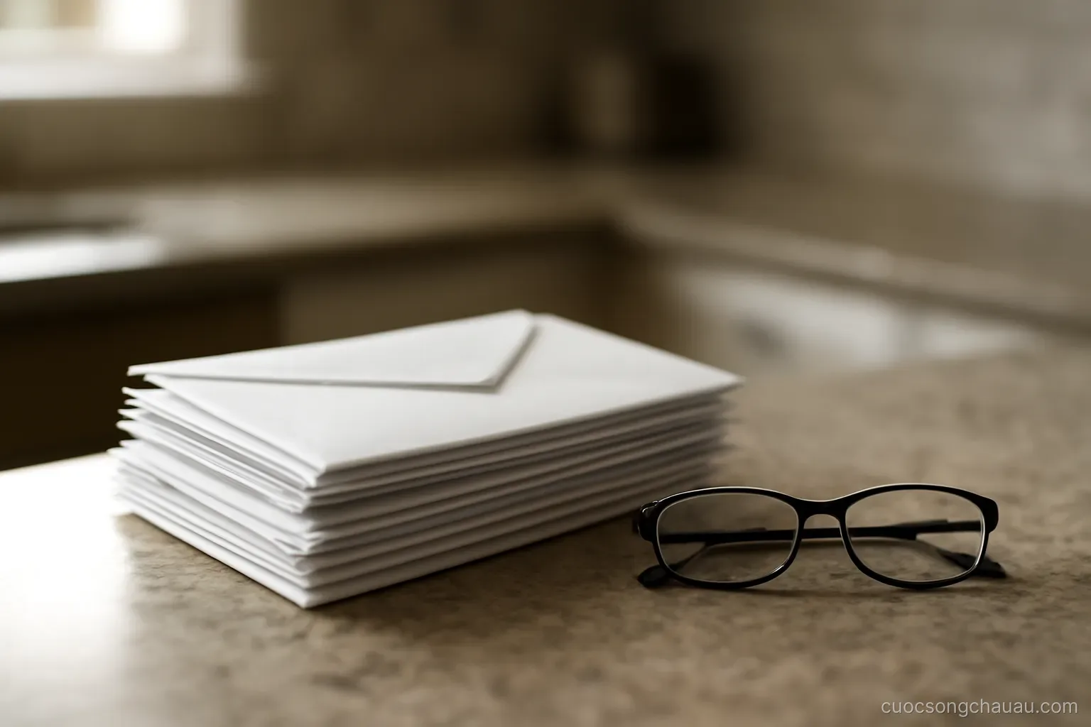 a pile of unopened envelopes stacked on a kitchen counter next to a pair of glasses