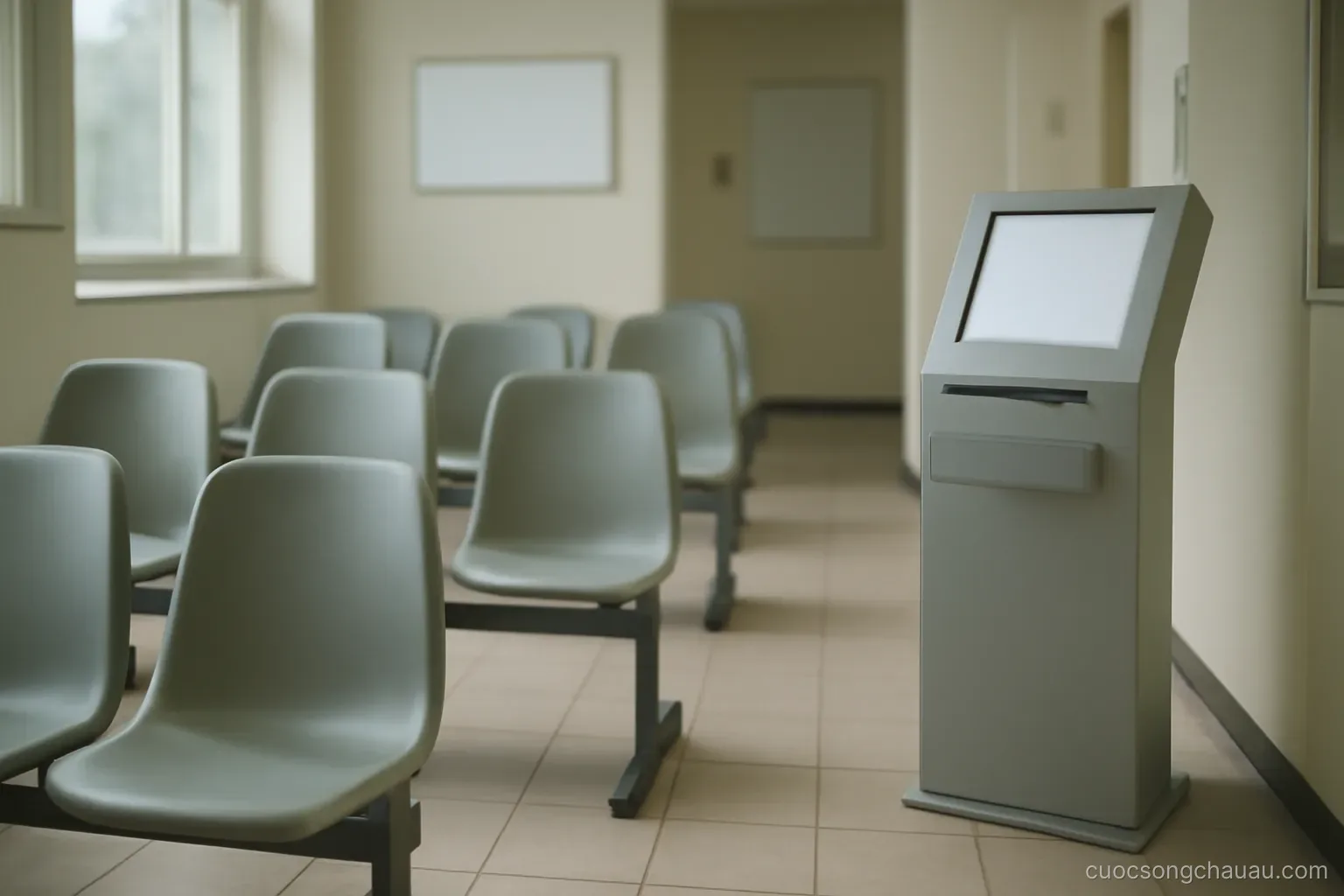 an empty clinic waiting area with rows of plastic chairs and a numbered ticket machine