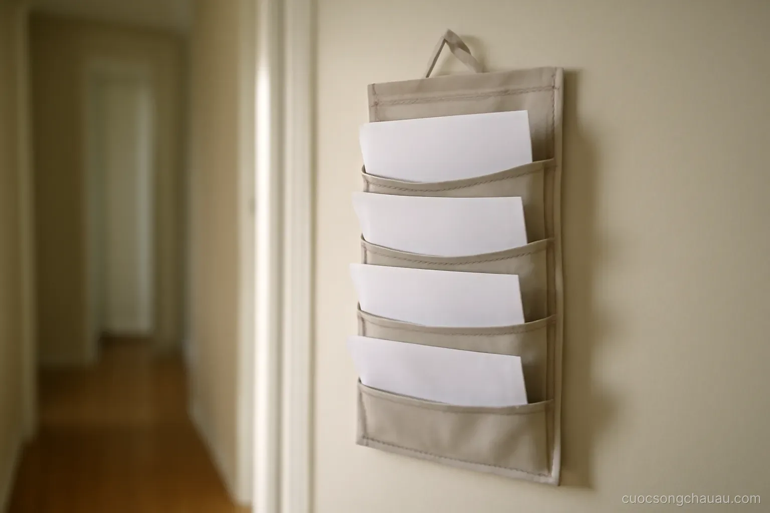 a small wall organizer with several labeled slots holding folded papers hanging in a hallway