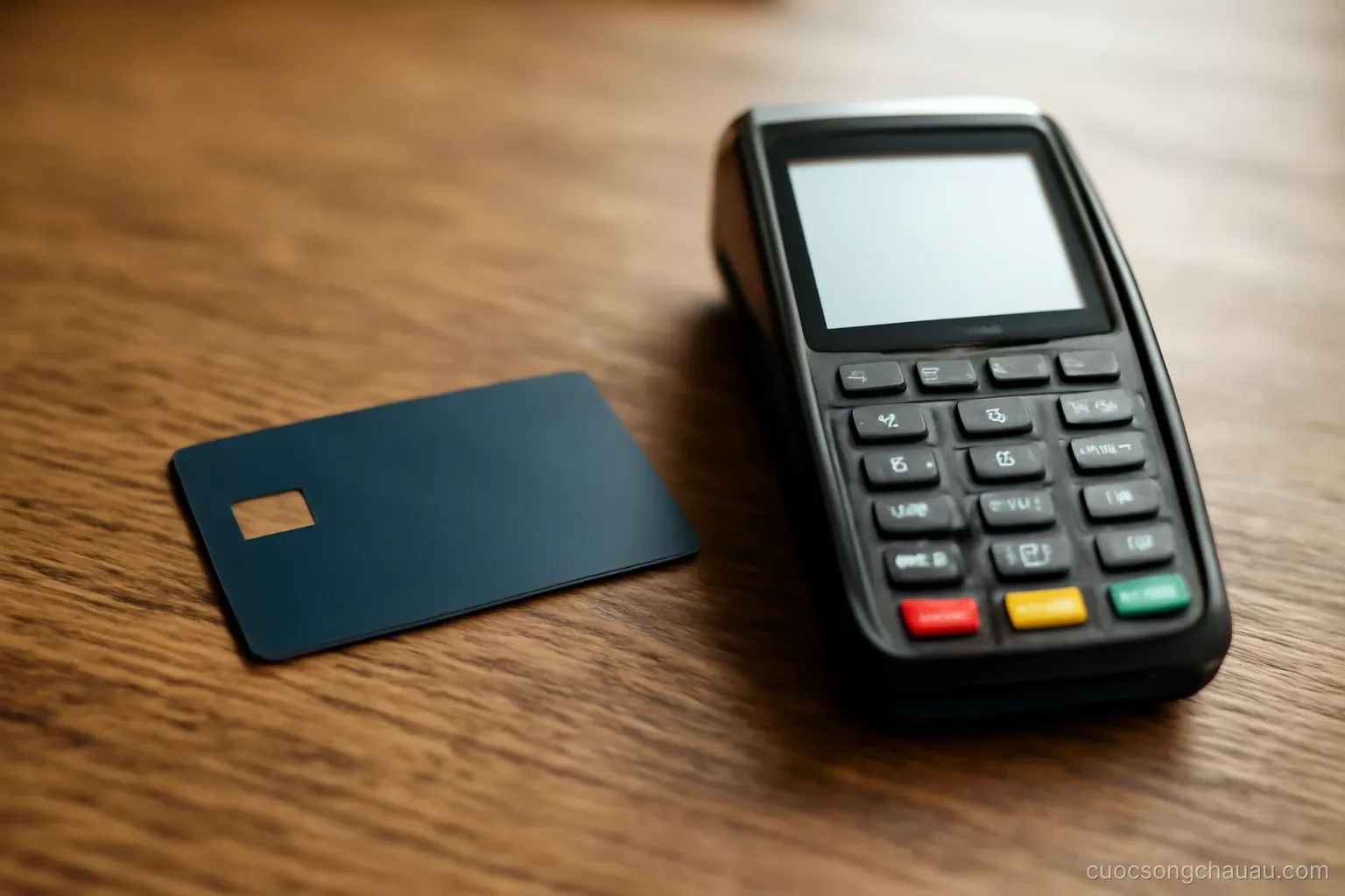 a bank card lying on a wooden counter beside a small card reader terminal with a blank screen