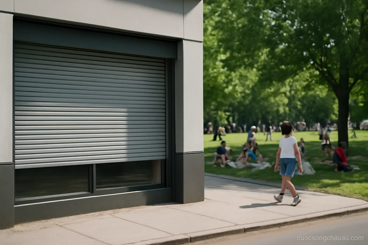 a closed office building with shutters drawn beside a park full of families on a summer weekday