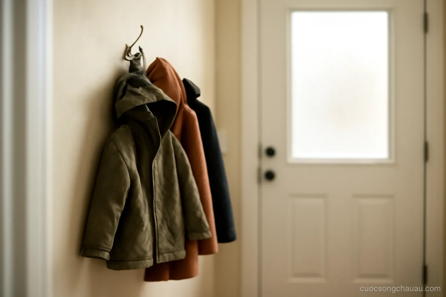 three coats of different sizes hanging on a single hook by a front door in a hallway