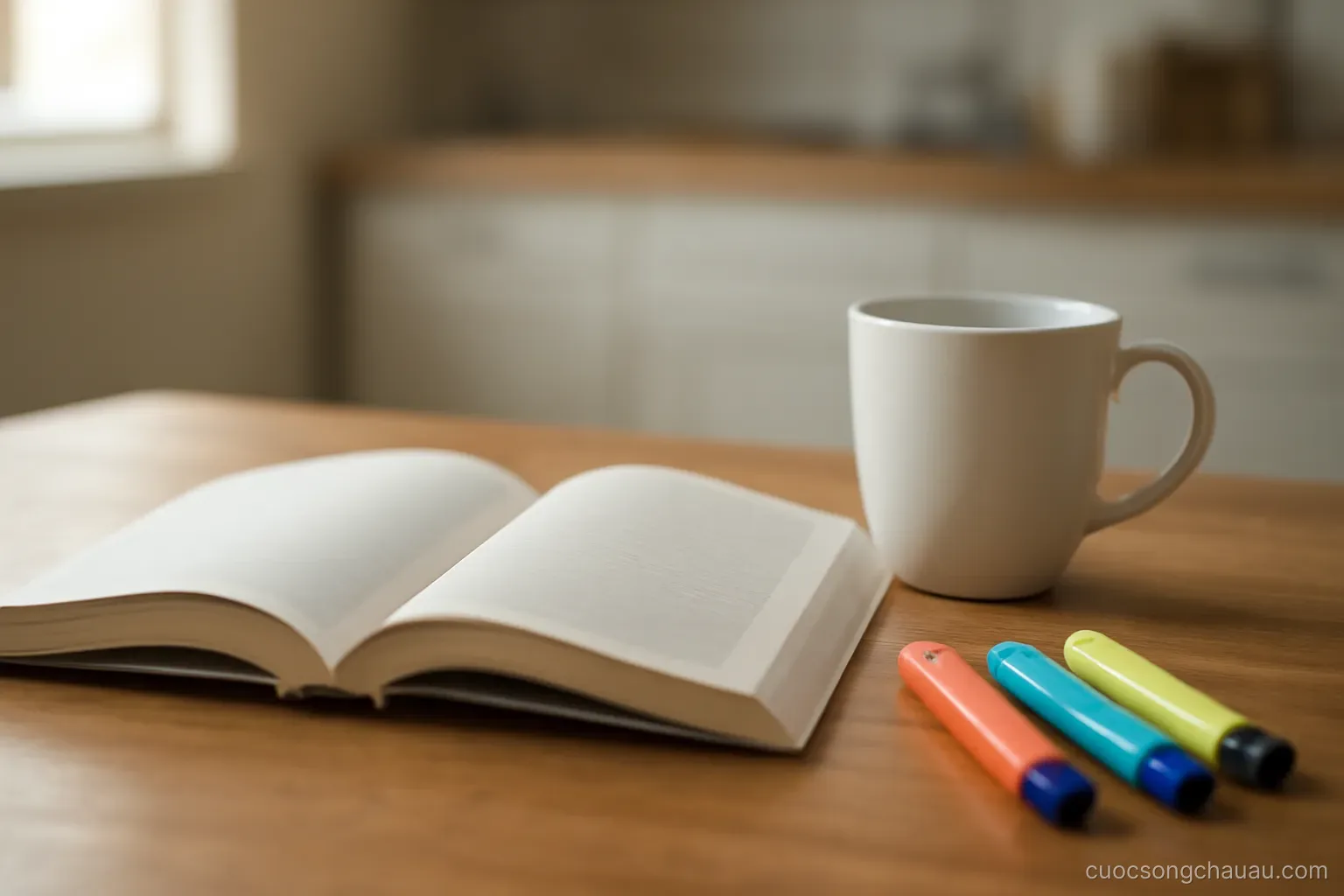 a language textbook lying open on a kitchen table beside a mug and a set of highlighters