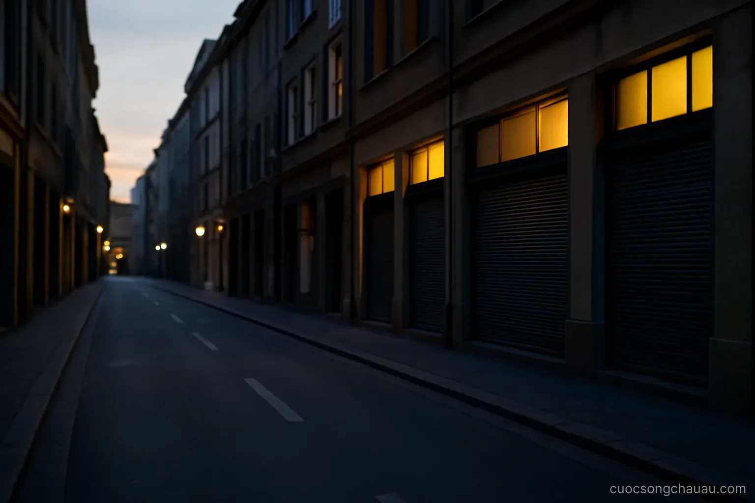an empty city street at dusk with shop shutters down and warm windows lit above