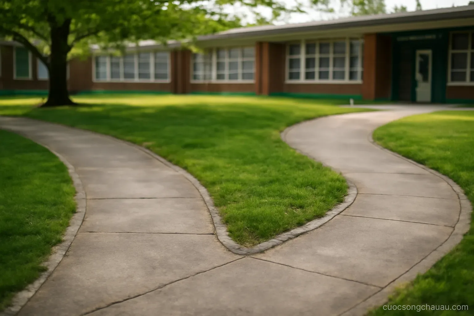 a path in a schoolyard splitting into two paved routes around a patch of grass
