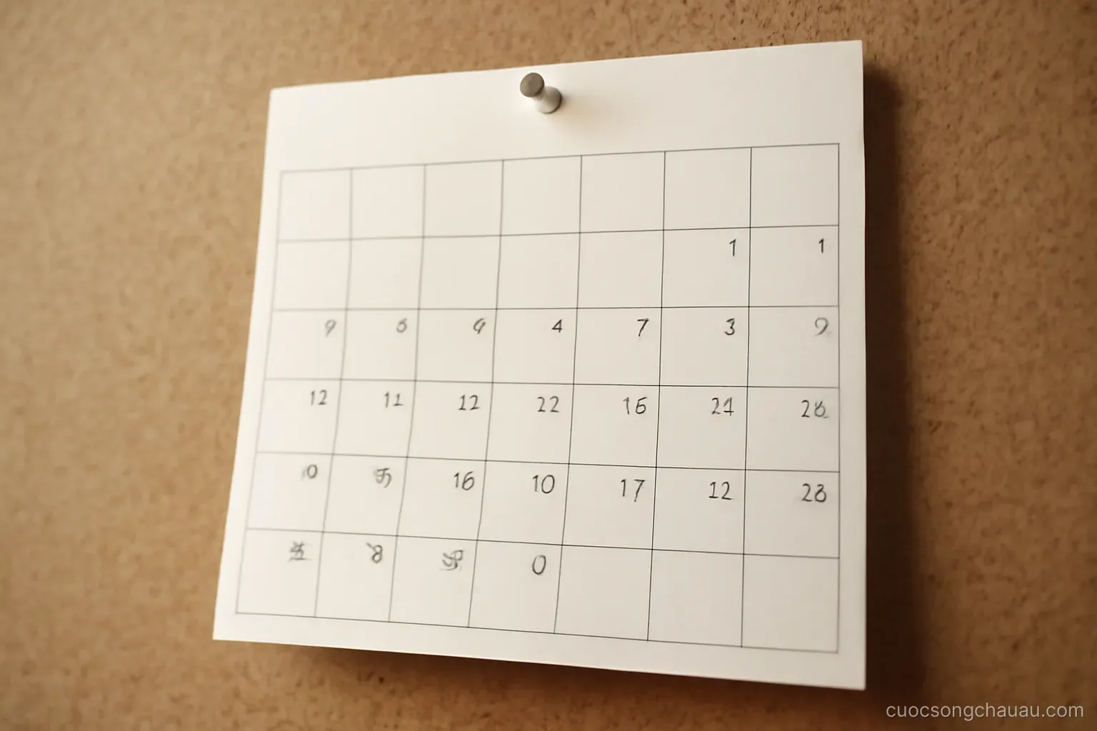 a calendar page pinned to a corkboard with several days marked by small pencil ticks