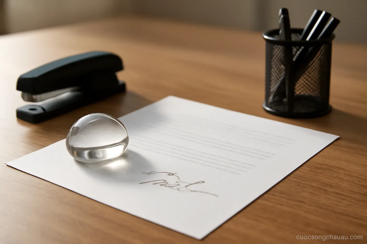 a signed document lying on a desk under a paperweight beside a stapler and a pen holder