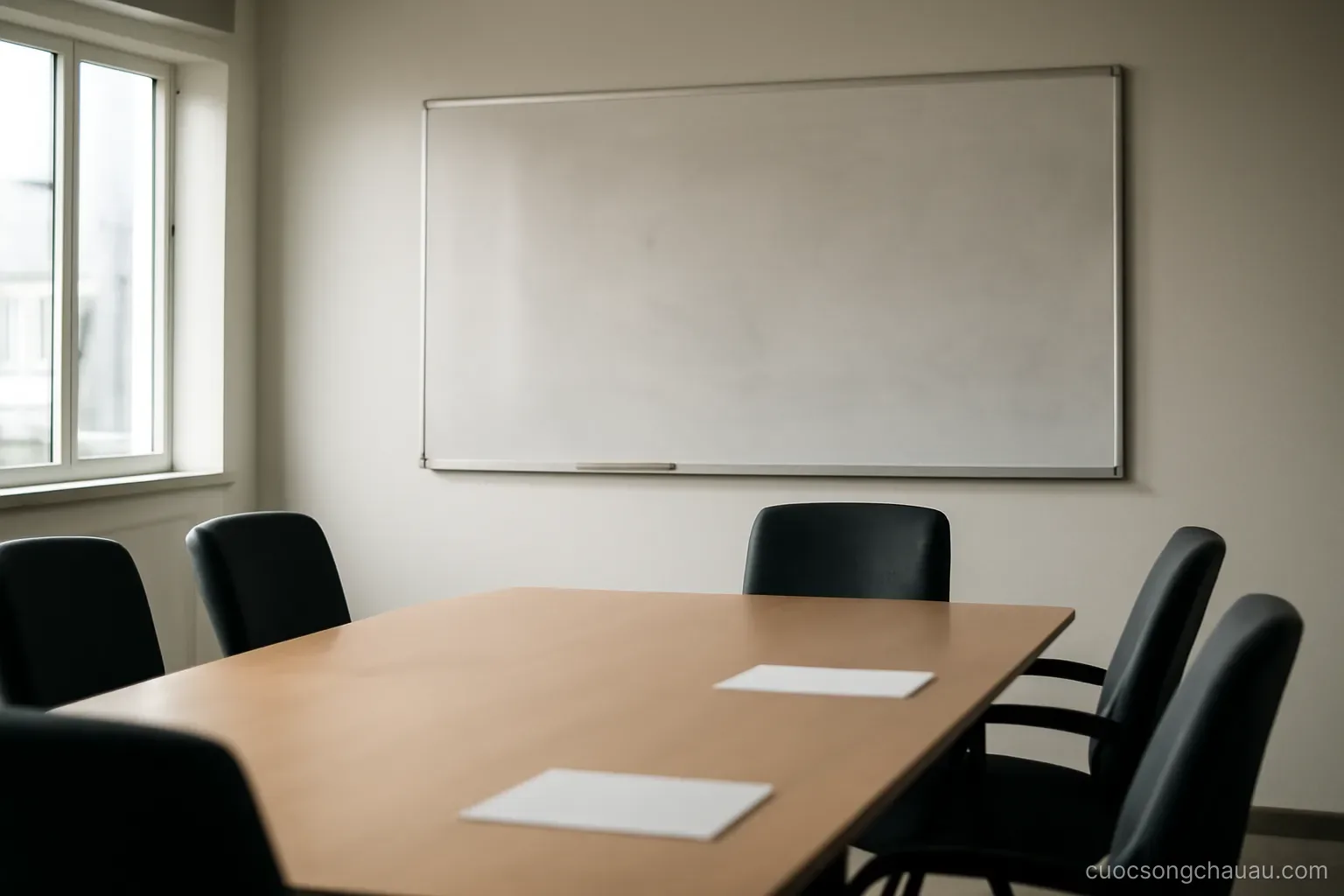 an office meeting room with a whiteboard covered in erased marks and empty chairs around a table