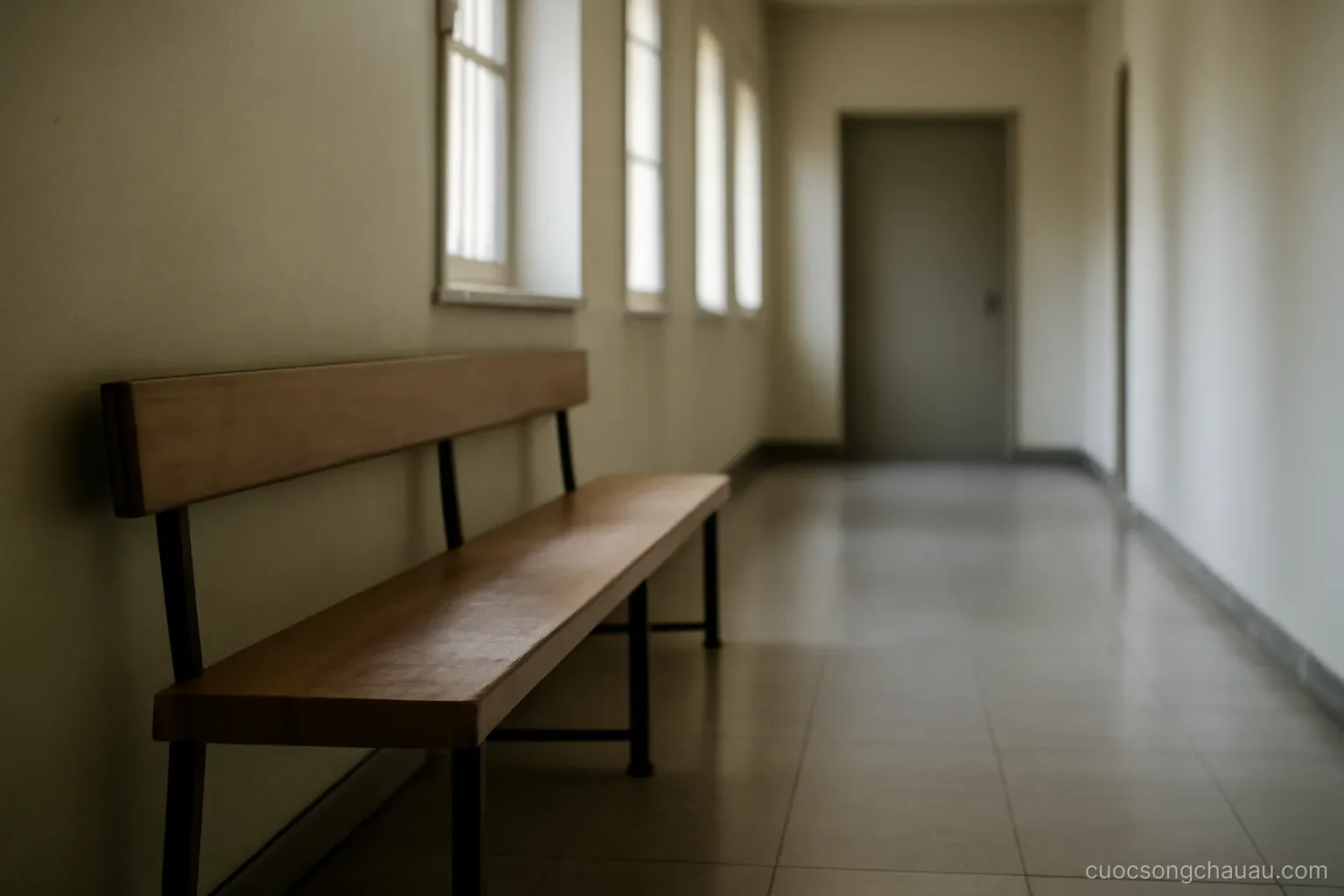 a corridor with a long wooden bench along one wall and a closed door at the far end