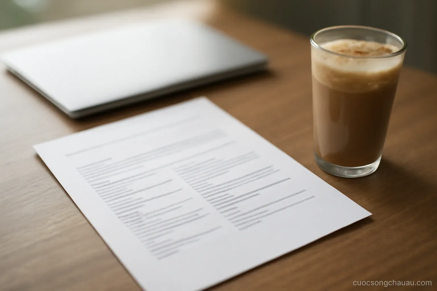 a printed resume lying on a desk beside a closed laptop and a cup of cold coffee