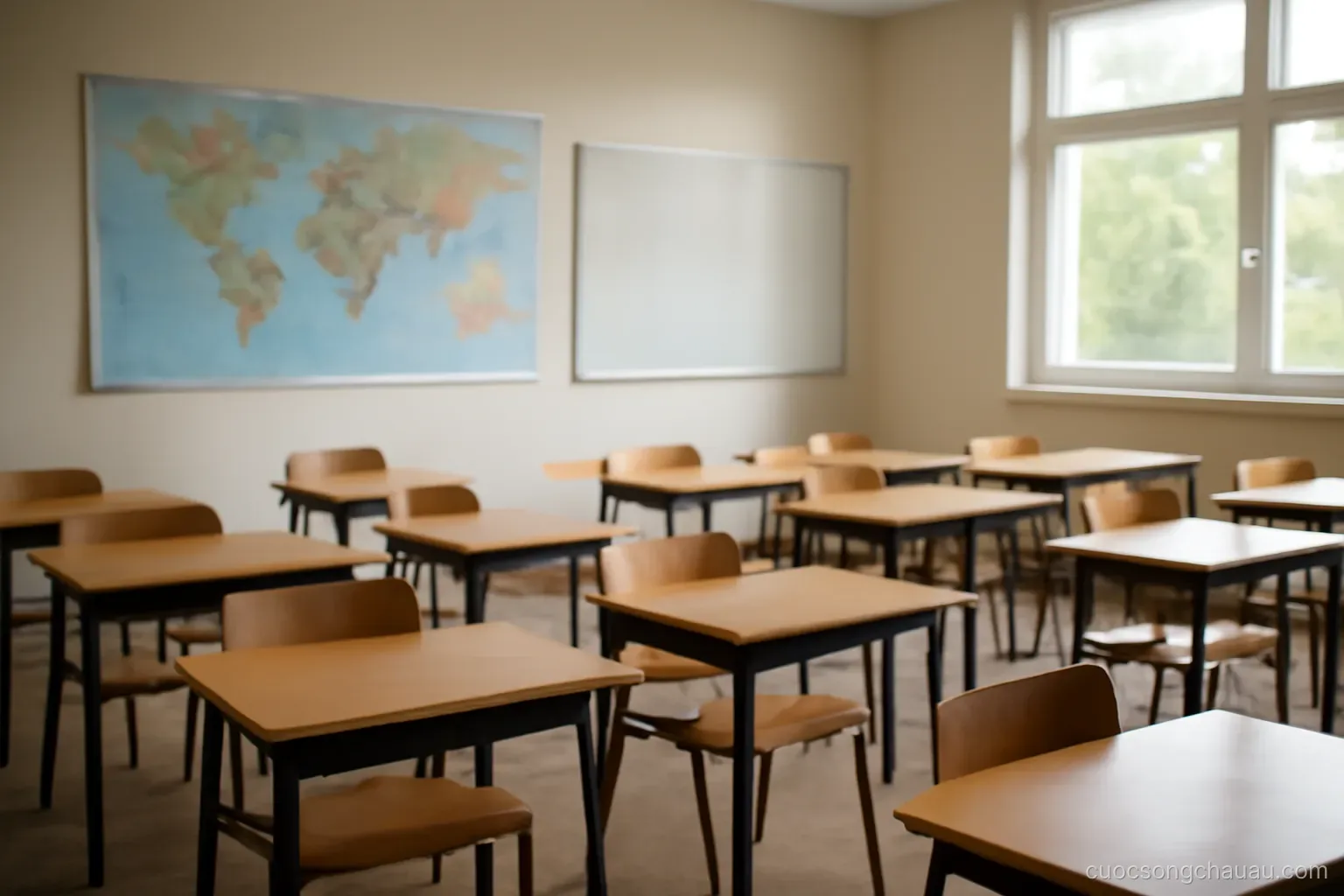 a classroom with desks arranged in a semicircle and a world map pinned on the side wall
