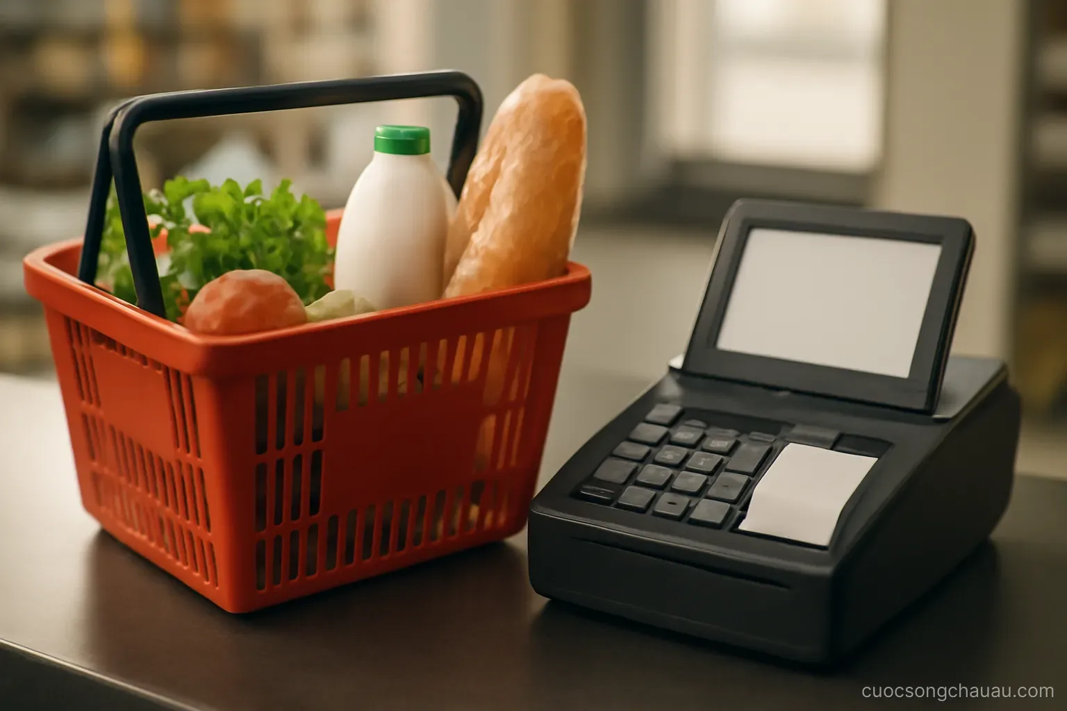 a grocery basket left half filled on a checkout counter with a receipt printer beside it