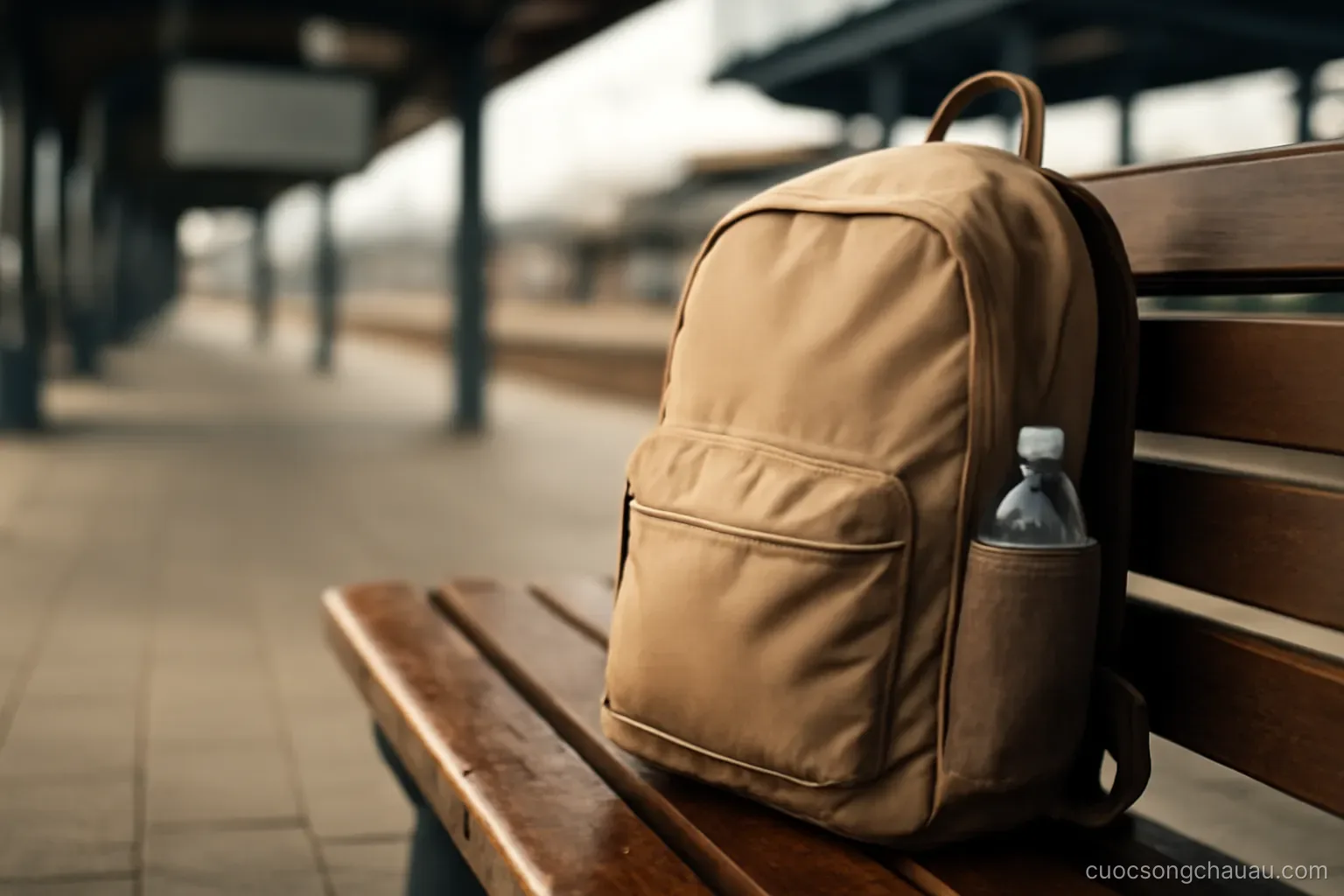 a backpack resting against a bench in a train station with a water bottle in its side pocket